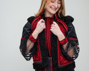 Hand Embroidered Wool Vest, Ukrainian Folk Style, Plus Size
