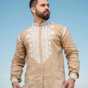 Beige Festival Shirt, Linen Vyshyvanka Shirt, Embroidered Sorochka Men, Ukrainian Linen Shirt, Organic Embroidered Shirt
