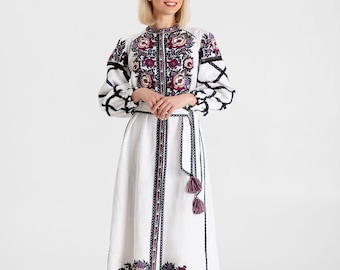 Embroidered Linen Vyshyvanka Dress, White Boho Floral Midi
