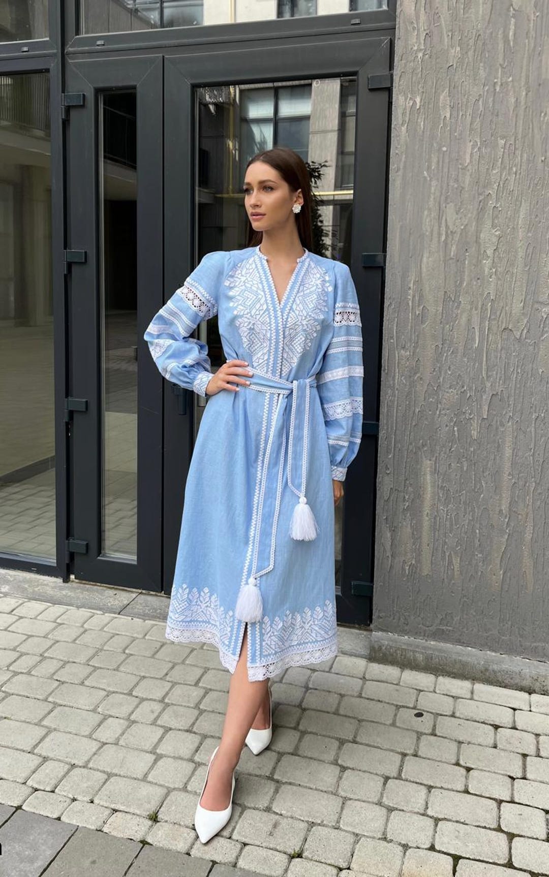 Slavic Modest White Linen Vyshyvanka Dress – Slavic Boho Midi With Floral Embroidery ...