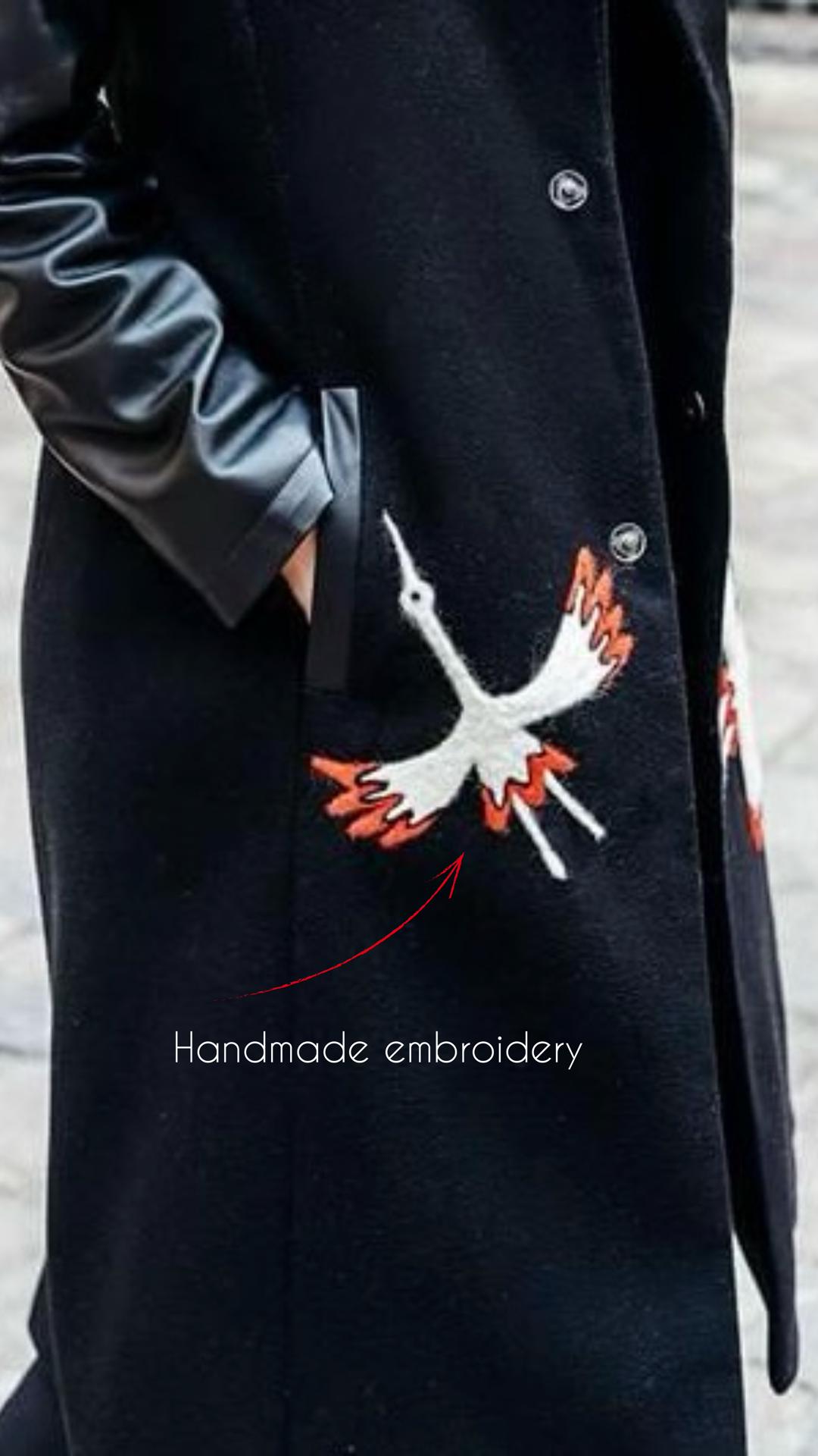 Wool Coat. Custom Black Long Coat. Winter Hand Embroidery