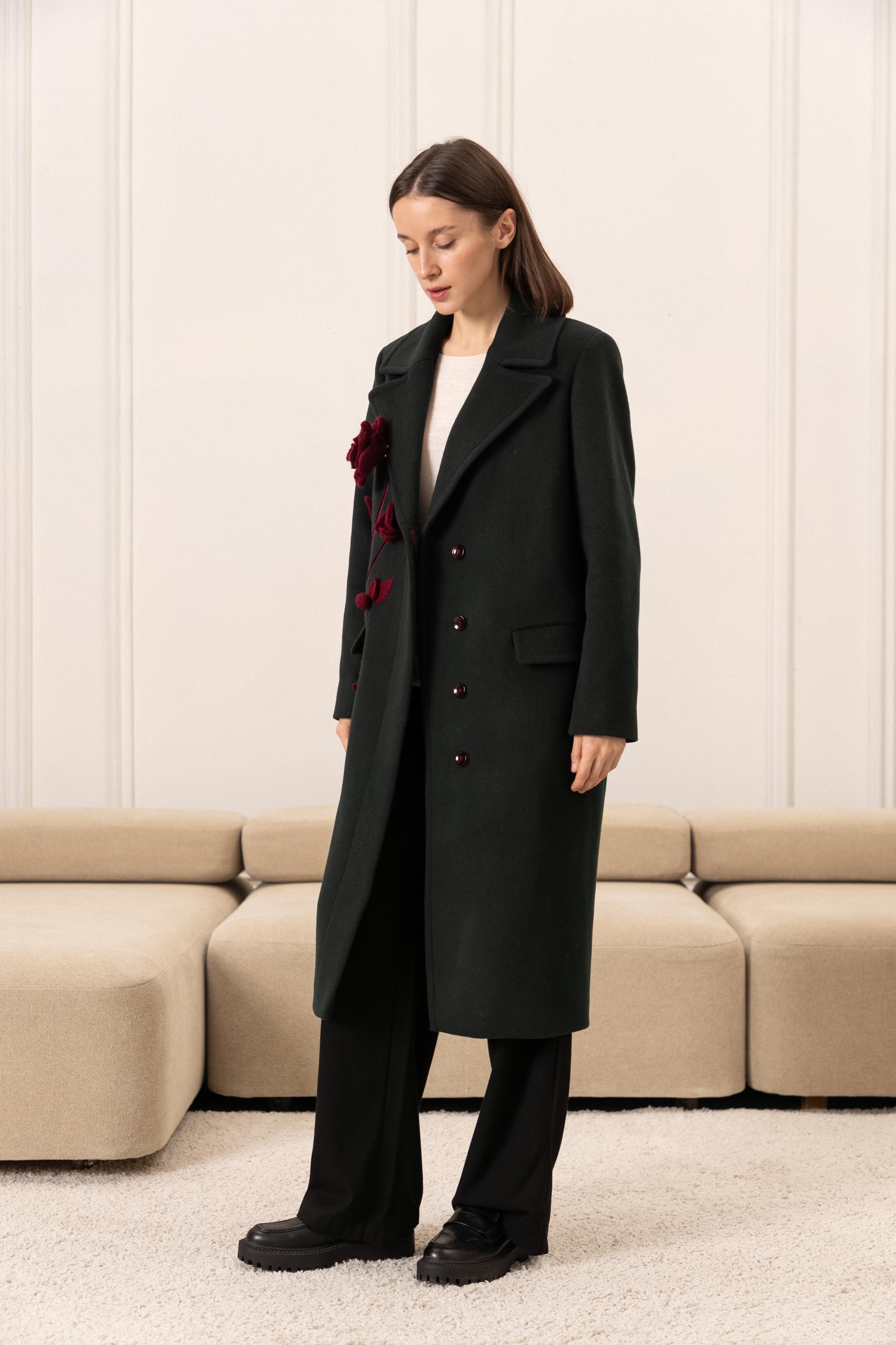 Winter Green Wool Coat, Rose Embroidery, Plus Size Floral Trench