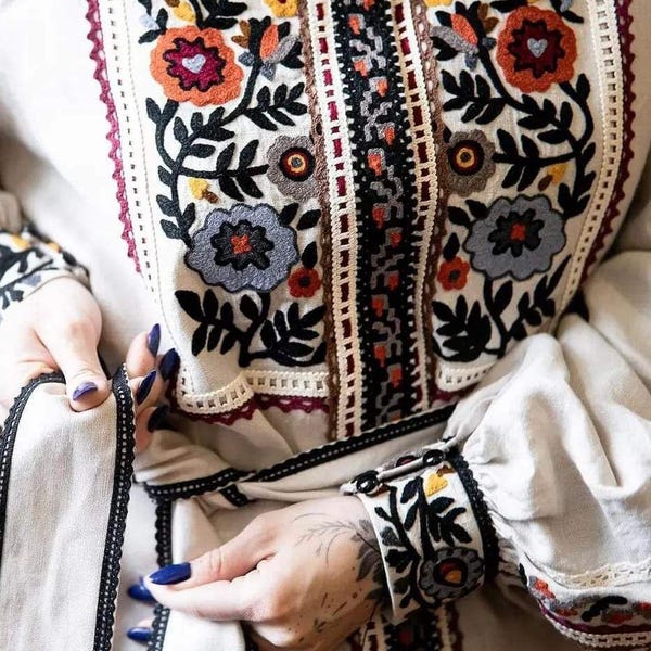 Ukrainian Linen Vyshyvanka Blouse, Floral Embroidered Top
