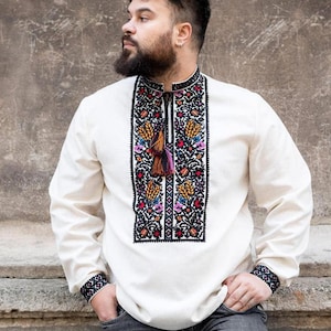 White Linen Vyshyvanka, Ukrainian Embroidered Shirt, Men embroidered Shirt, Organic Clothing, Floral Embroidered Shirt, Gifts for Boyfriend