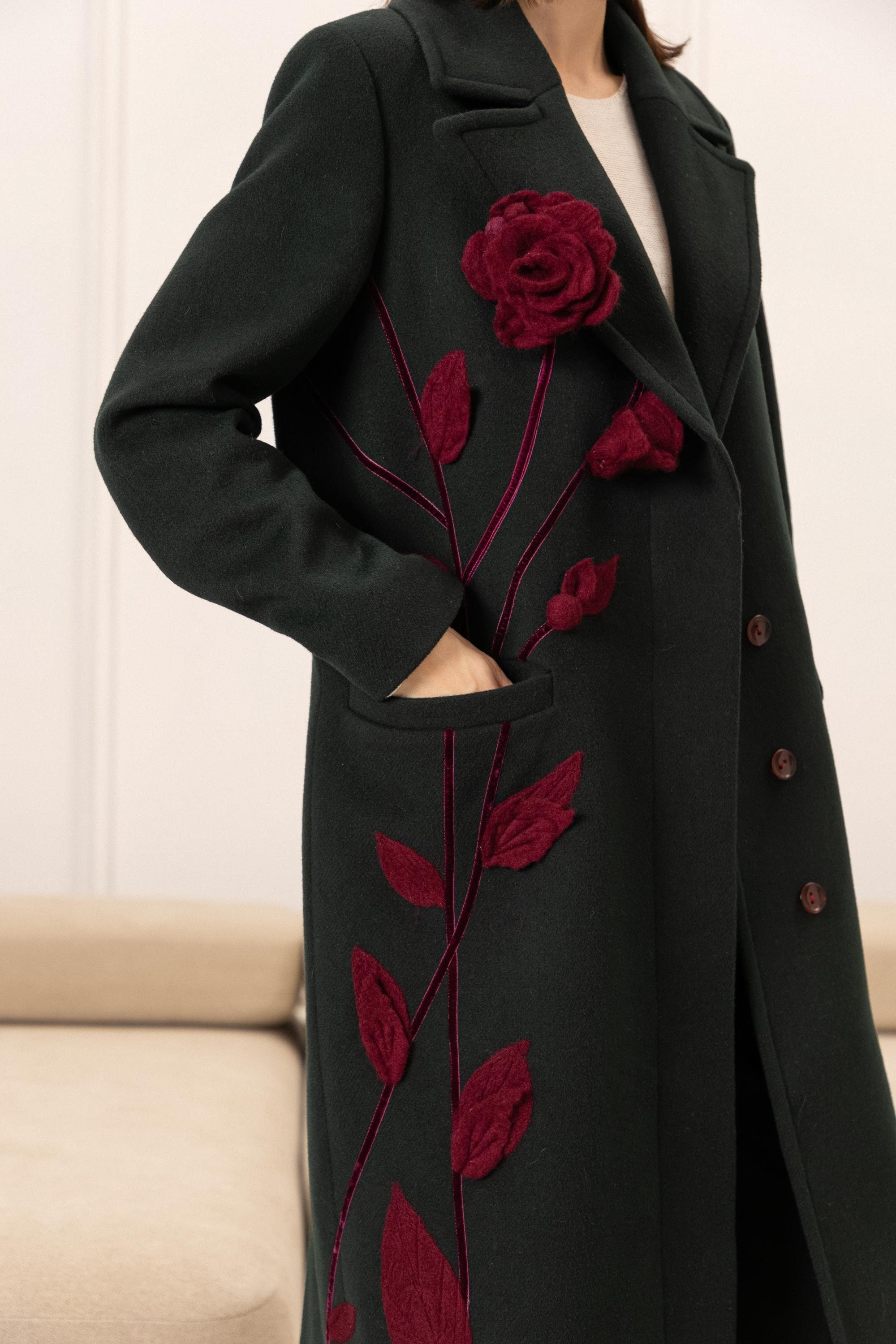 Winter Green Wool Coat, Rose Embroidery, Plus Size Floral Trench