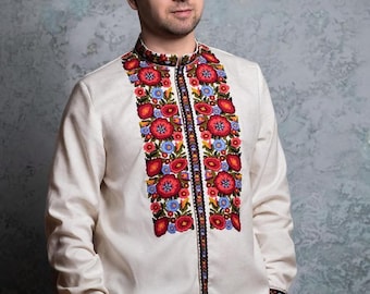 Linen Ukrainian Vyshyvanka, Floral Embroidered Shirt, Folk Costume