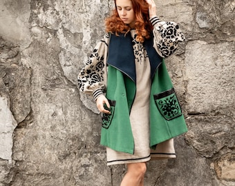 Hand Embroidered Wool Vest - Ukrainian Folk Style Sleeveless Coat