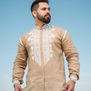 Men&#39;s Linen Shirt, Ukrainian Embroidered Vyshyvanka, Custom summer shirt, Festival Sorochka Shirt, Organic Cotton Clothing, Handmade Shirt