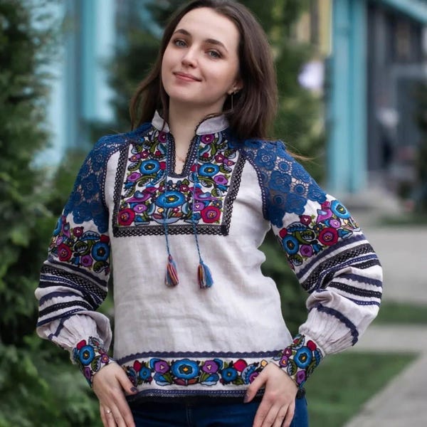 Handmade Ukrainian Vyshyvanka Linen Blouse, Floral Embroidered Shirt, Plus Size
