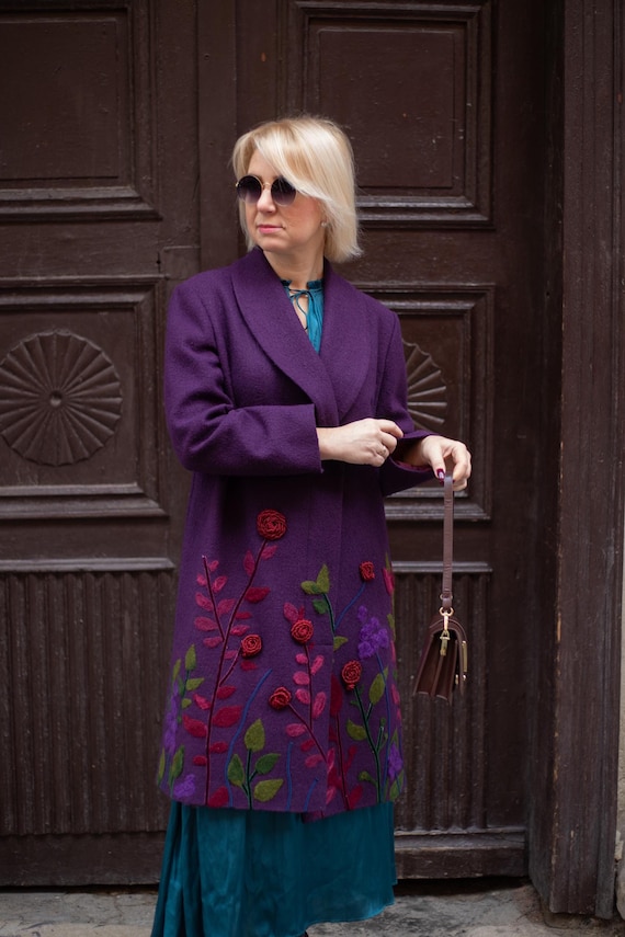 Purple Wool Coat, Floral Embroidery, Long Winter Overcoat for
