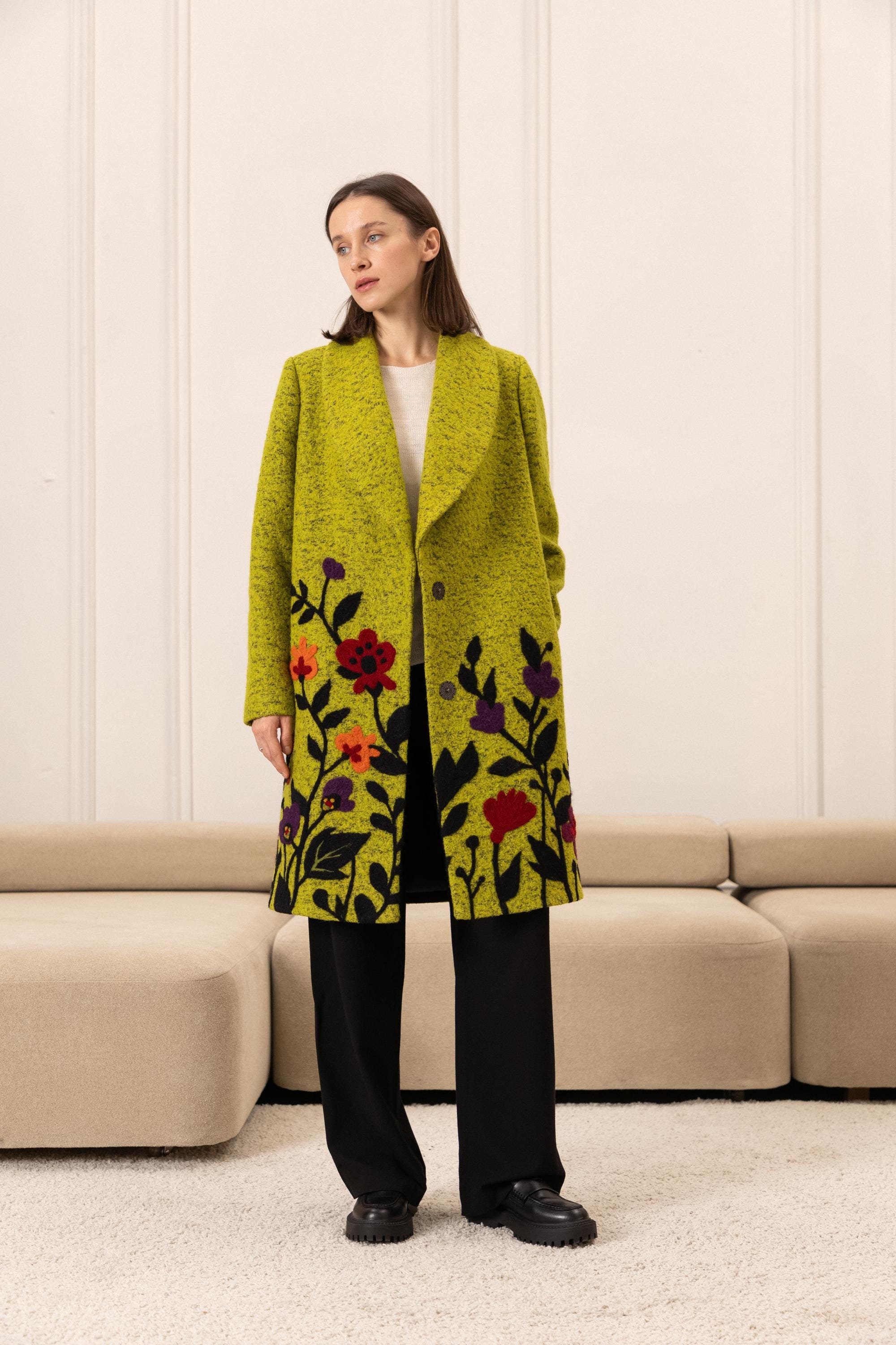 Handmade Floral Embroidered Wool Coat, Oversized Green Jacket - Etsy