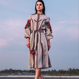 Embroidered Linen Dress, Vyshyvanka Dress, Boho Floral Wedding Dress, Ukrainian Clothes Made in Ukraine, Midi Kaftan Dress, Bohemian Style