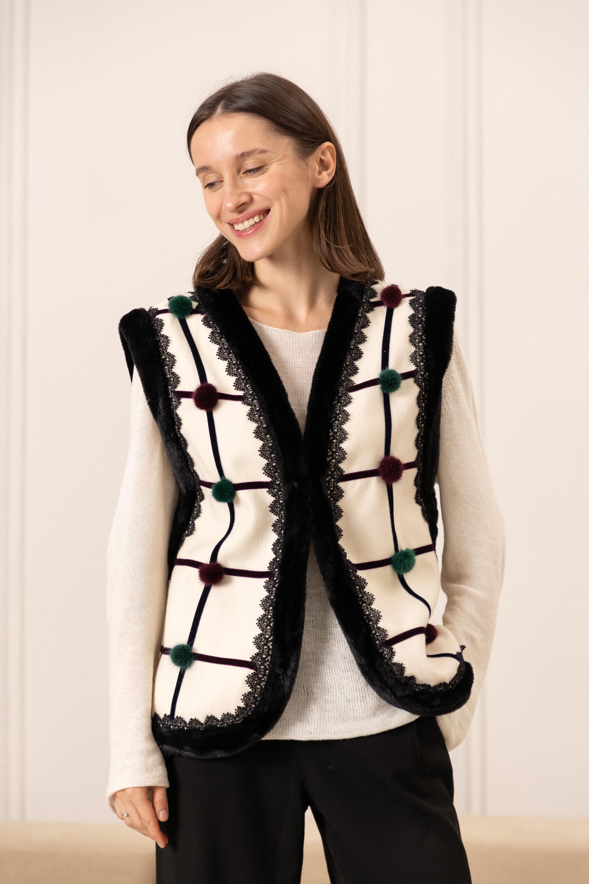 Wool Vest with Black Lace & Geometric Pattern, Ukrainian Folk-Inspired Women’s Waistcoat, Traditional Plus-Size Outerwear, Concert Outfit