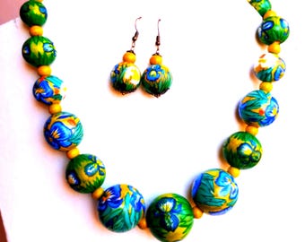 Necklace Irises Van Gogh painted, Wooden hand painted necklace, Wooden necklace Irises, Handpainted wooden necklace, Blue Green necklace