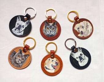 Custom Hand painted Pet Leather Keychain, Personalised Hand-painted Bag Charm, Custom Pet Portrait, Leather Keyring handpainted Dog Memorial
