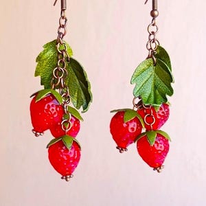 Strawberry earrings, Wild Strawberry Glass earrings, Realistic Red earrings, Red berry botanic earrings, Nature studs, Statement  earrings