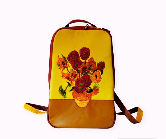 Floral Yellow & Brown Leather Backpack Sunflower Backpack, Yellow Black Floral Flowers Men Women  main image 4