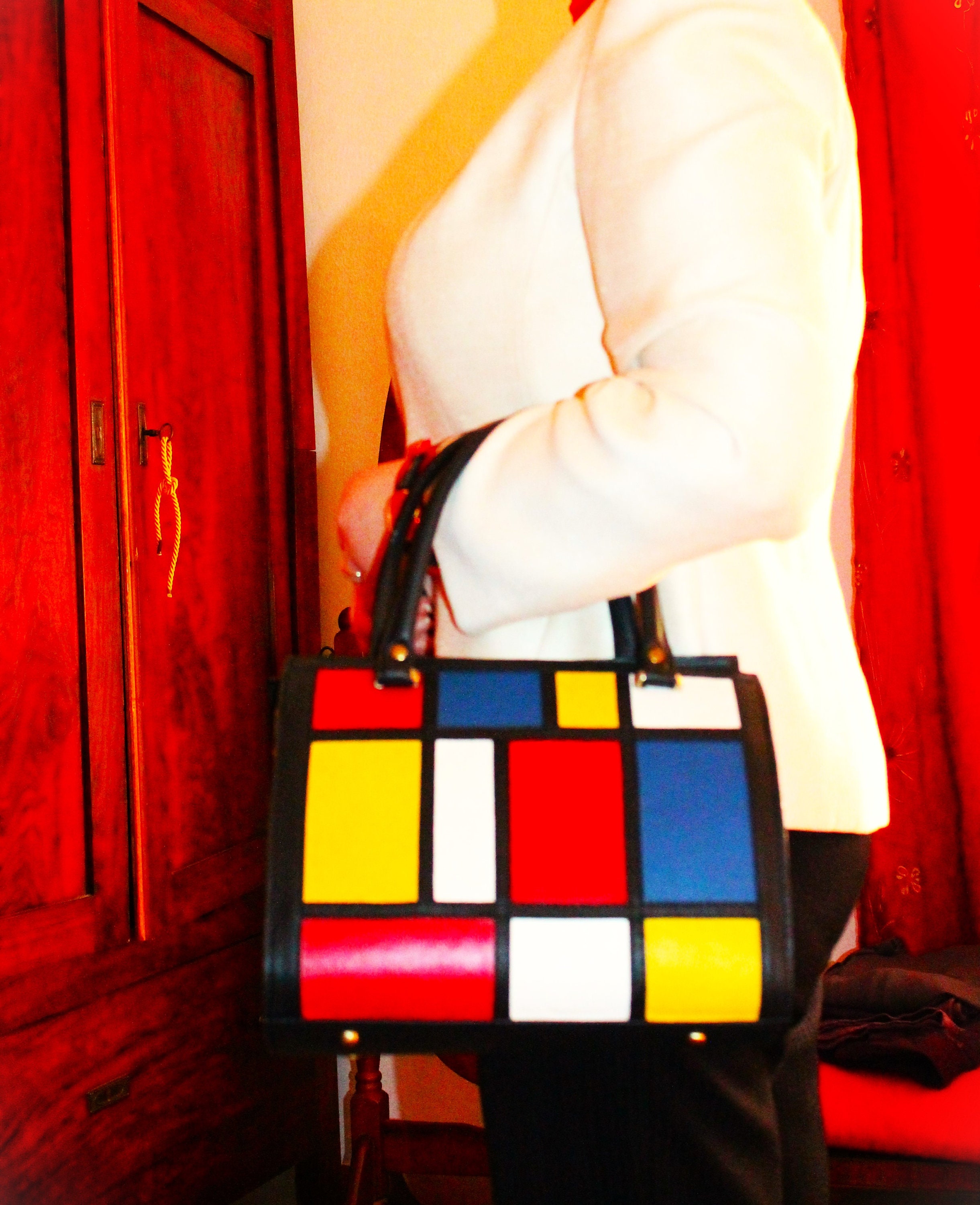 Sac à Main Femme En Cuir Véritable Italien - Style Mondrian Rouge Et Bleu - Fait Main