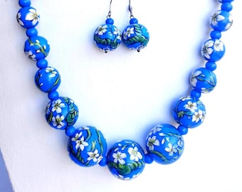Necklace Van Gogh handpainted, Chunky wooden necklace, Wooden necklace Flowers, Handpainted floral necklace, Blue White statement necklace