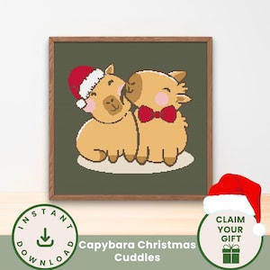 Capybara Christmas Cuddles Cross Stitch Pattern – Cute Holiday PDF, Festive Animal Stitching Design, Beginner DIY Decor Gift, Capy CH00132