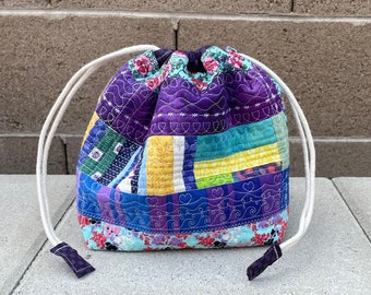 Drawstring bag crumb style improv quilted patchwork scrappy gift sack toy tote gift goodie bag super scrappy knit crochet project bag