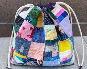 Quilted drawstring bag crumb style improv patchwork scrappy gift sack toy tote gift goodie bag super scrappy