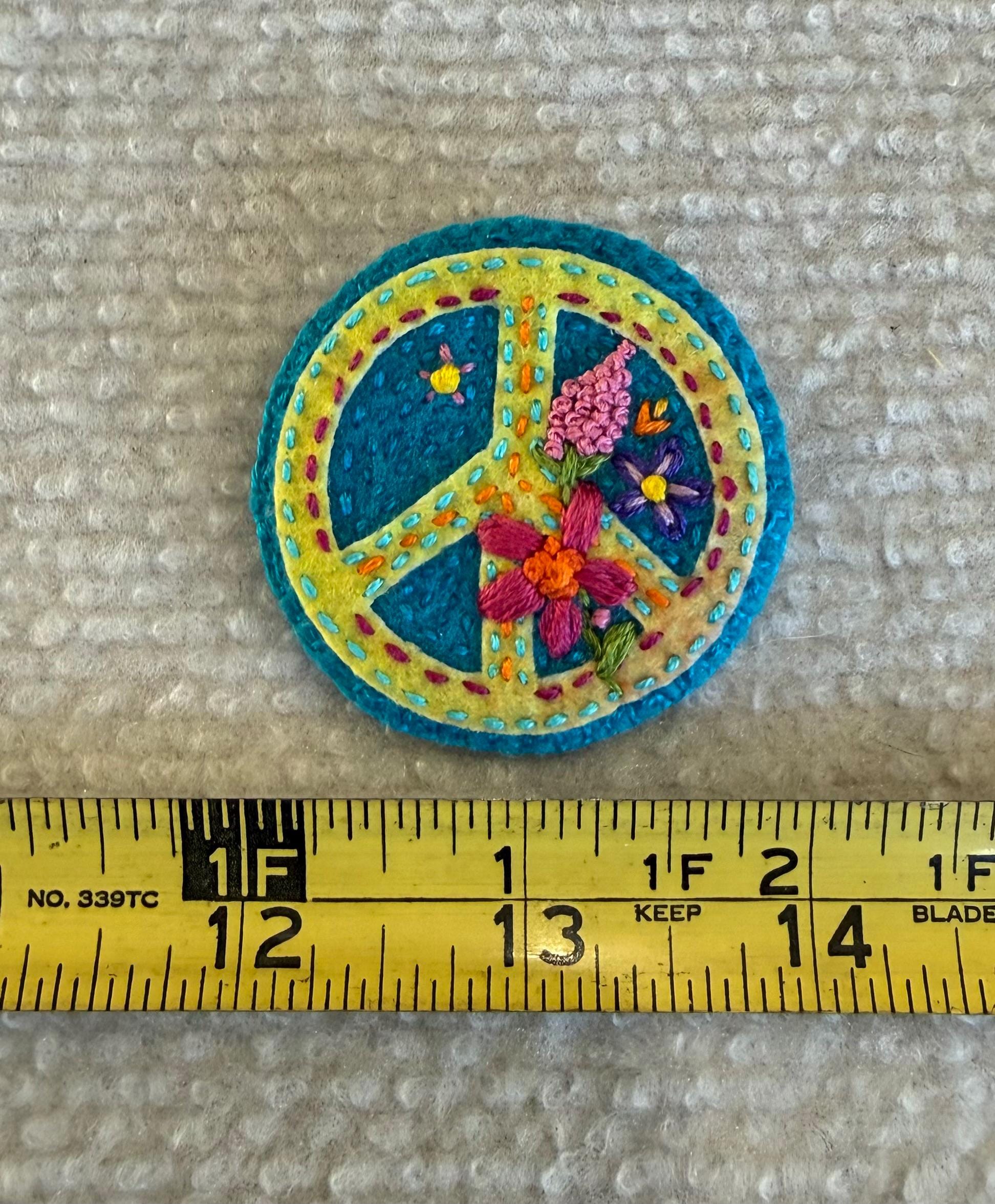 Peace Sign Pin Brooch in Yellow and Turquoise Felt With Stitched ...