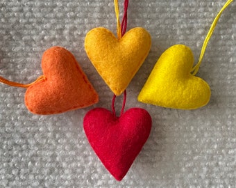 Orange red yellow felt heart ornaments set of four Valentines Day wedding favors Warm colors