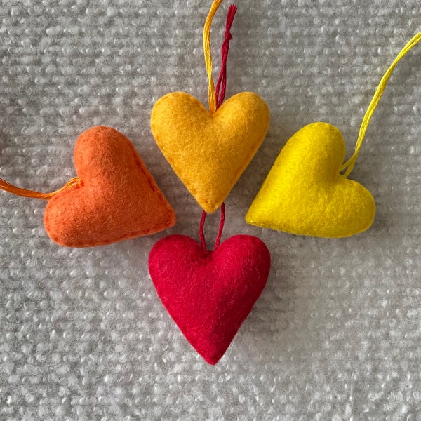 Orange red yellow felt heart ornaments set of four Valentines Day wedding favors Warm colors