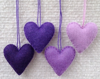 Purple felt heart ornaments set.  Valentines Day wedding favors