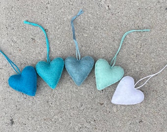 Blue green felt heart ornament set of 5 turquoise aqua ocean mint white hearts