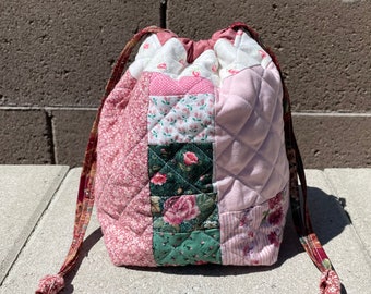 Drawstring bag scrappy improv quilted patchwork sack tote gift goodie bag Pink and green floral Make an offer