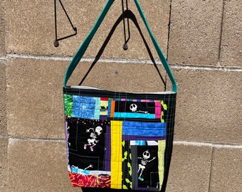 Skeletons tote bag Improv patchwork cute dancing skellys book bag or purse for teens