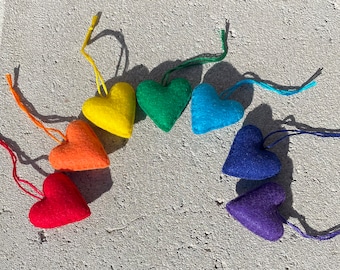 Rainbow Felt Heart Ornaments, Colorful Set of 7