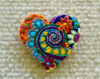 Freeform embroidery Brooch #343 pin badge heart wearable art