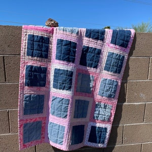 Light pink and Blue Jean denim quilt throw size toddler image 4