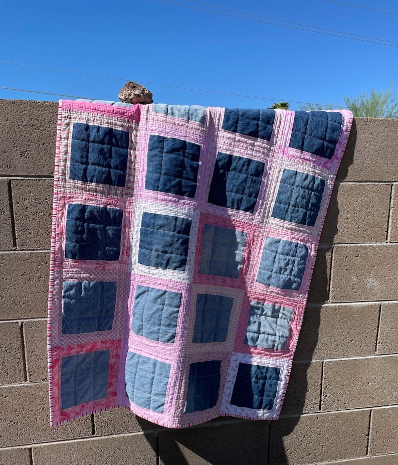 Light pink and Blue Jean denim quilt throw size toddler image 4