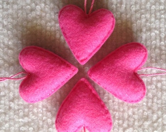 Candy pink felt heart ornaments set. Valentines Day, Wedding favor, baby shower, nursery decor
