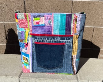 Denim tote bag crumb style improv patchwork Large grocery bag super scrappy eco friendly upcycled