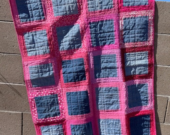 Hot pink and Blue Jean denim quilt throw size toddler