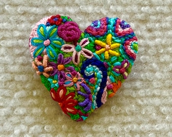 Freeform embroidery Brooch #342 pin badge heart wearable art