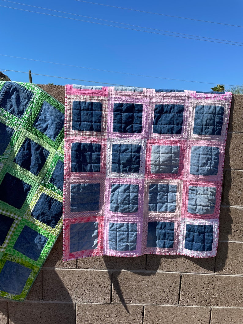 Light pink and Blue Jean denim quilt throw size toddler image 3