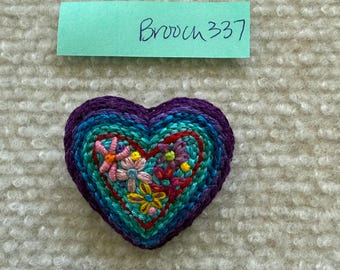 Freeform embroidery Brooch #337 pin badge heart wearable art