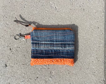 Denim and orange zippy pouch zipper bag card and money zip coin purse