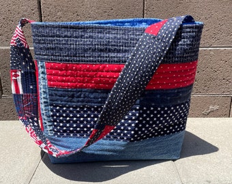 Denim tote bag crumb style improv patchwork Large grocery bag super scrappy eco friendly upcycled