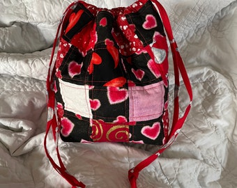 Patchwork drawstring bag quilted scrappy Valentine hearts patchwork sack tote gift goodie bag make an offer