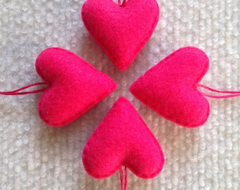 Hot pink felt heart ornaments set, wedding favor, Valentines Day, baby shower, nursery decor