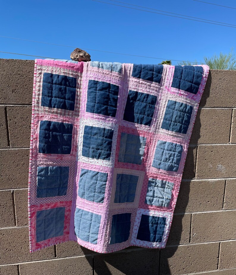 Light pink and Blue Jean denim quilt throw size toddler image 1