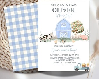 Farm Animals 2nd Birthday Invitation: Blue Barn (Digital)