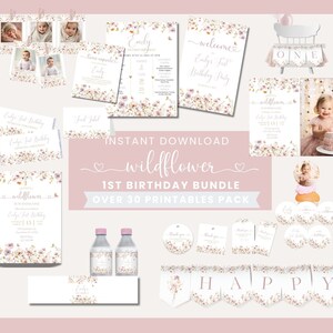 Wildflower First Birthday Invitation Bundle | Wildflower Girls 1St Birthday Flower Invite | Wildflower Birthday Invitation Suite